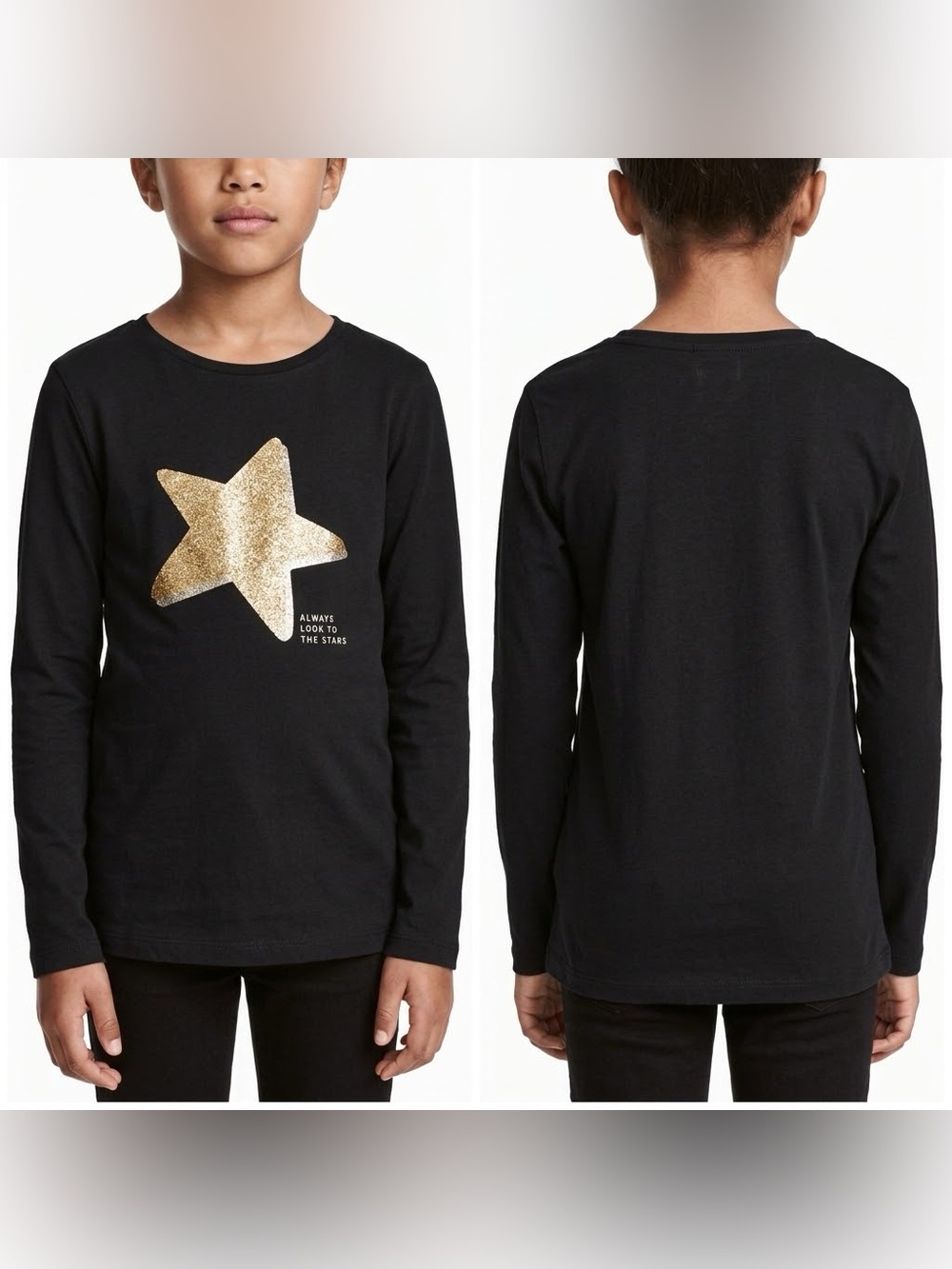 H&M Girls Black Long Sleeve Glitter Star Top Size 8/10